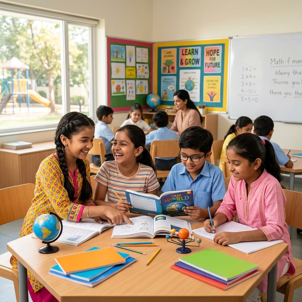 Indian children studying in a bright modern classroom